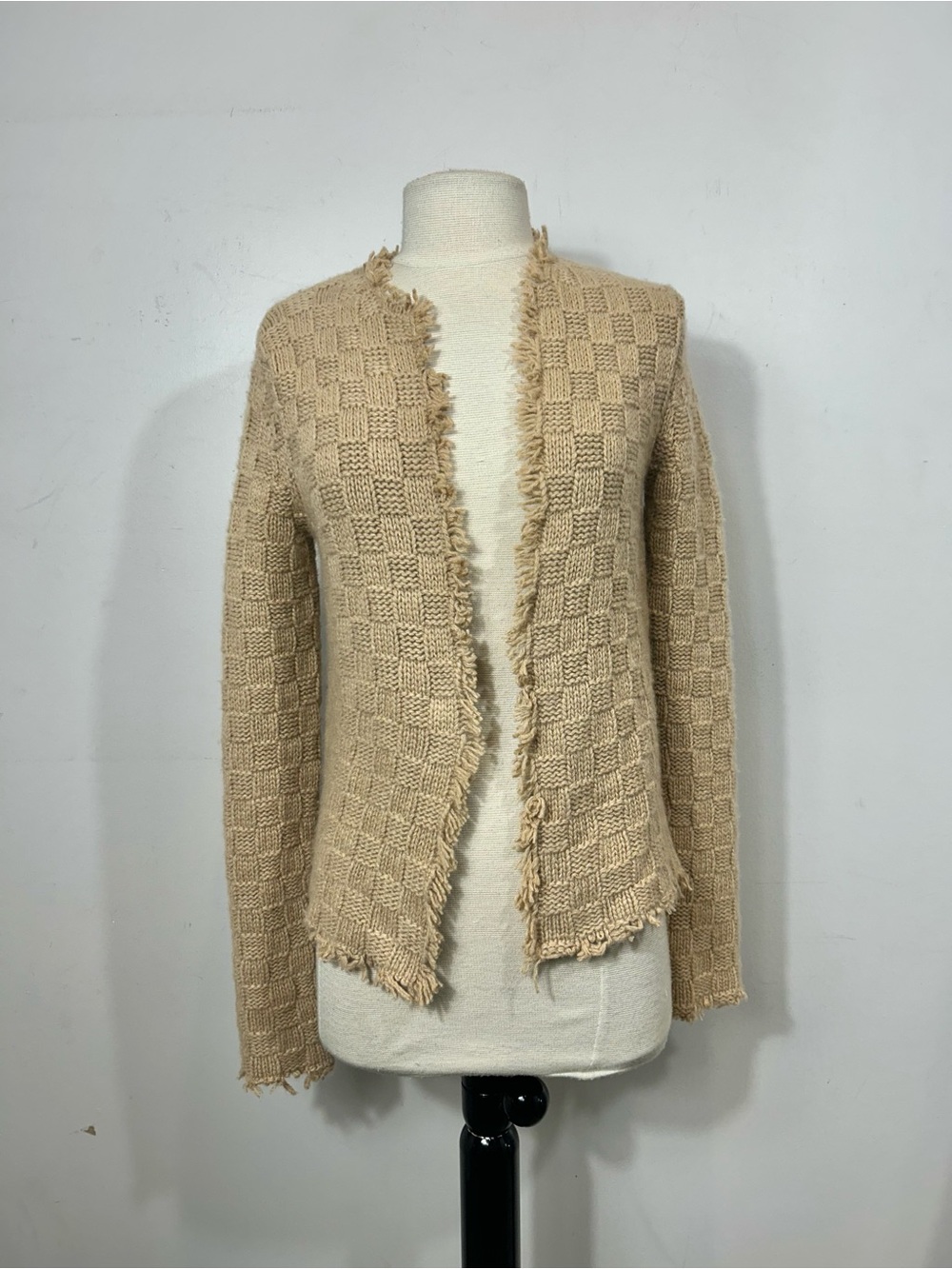 I PEZZI DIPINTI Cashmere Knit Cardigan Tan Fringe Trim Small Luxury Italy